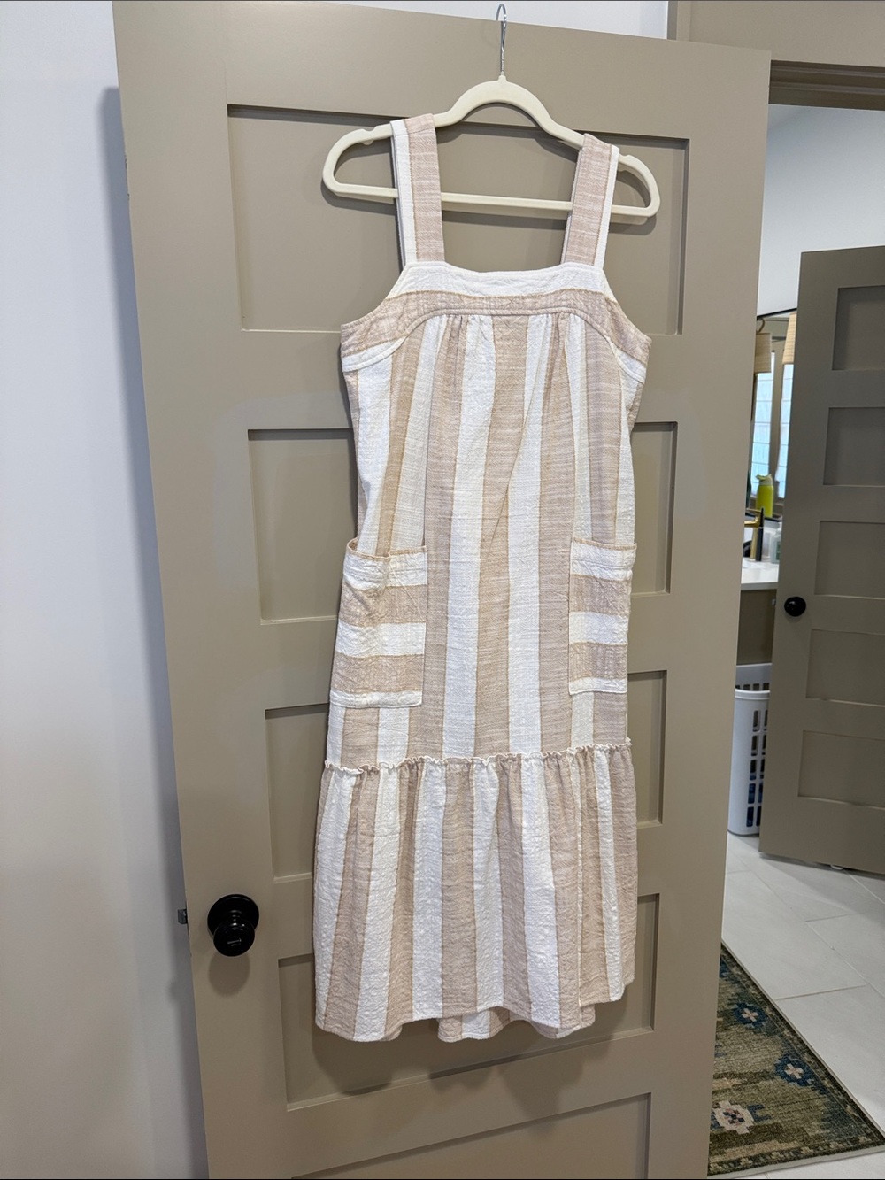 Maeve Beige and White Striped Midi Sundress